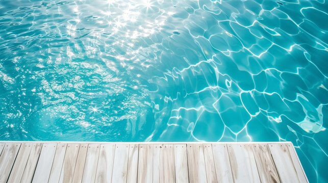 Beautiful view of swimming pool side with clear blue water with sunlight reflections on wave. Summer vacation concept background