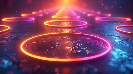 Glowing neon circles on a dark background, vibrant and bold hues, hd quality, digital rendering, high contrast, sleek and modern design, dynamic lighting effects, artistic abstraction, futuristic feel