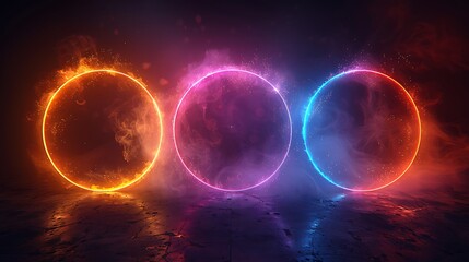 Glowing neon circles with radiant colors on a dark background, hd quality, digital rendering, high contrast, futuristic aesthetic, dynamic composition, sleek and modern design, artistic abstraction.