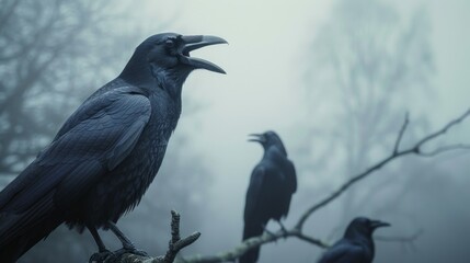 Obraz premium A group of crows perched on branches, with beaks open as if calling, creating a moody and eerie scene with dark tones, highlighting the social behaviour of these intelligent birds.