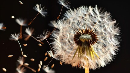 Fototapeta premium A close-up of a dandelion with seeds dispersing into the air against a black background, capturing a delicate and airy moment with a sense of motion and natural beauty.