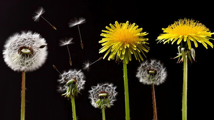 A close-up of dandelions at different life stages, from yellow blooms to white seed heads, set against a black background, showcasing the flower's life cycle in a vibrant and delicate composition.