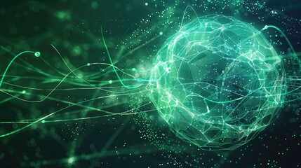 Obraz premium Abstract futuristic energy sphere created by green waves and particle lines depicting atomic and electric energy force field