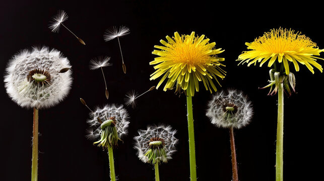 A close-up of dandelions at different life stages, from yellow blooms to white seed heads, set against a black background, showcasing the flower's life cycle in a vibrant and delicate composition. - Powered by Adobe