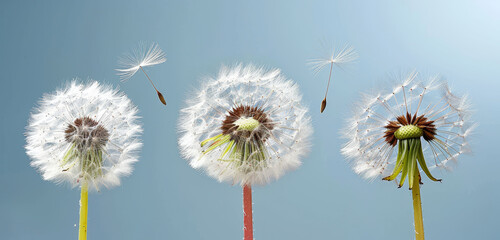Obraz premium Close-up of three dandelions releasing seeds against a blue background. Suitable for nature or spring-themed designs.