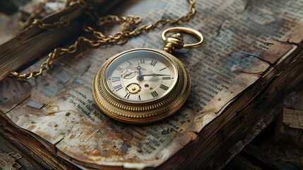 Vintage Pocket Watch Resting on Weathered Book Pages Showcasing the Timeless Beauty of Classic Horological Craftsmanship