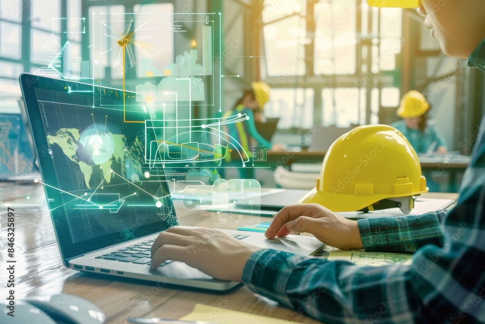 Poster in a contemporary office, an engineer uses augmented reality on a laptop to analyze data, showcasing