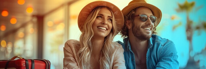 Grinning couple at airport terminal, ready for their international adventure