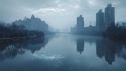 Obraz premium A city behind the river, urban background, blue gray tone. Generative AI.