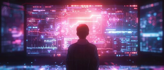 An innovative AR interface hovering behind a person, displaying interactive digital elements in a futuristic and sleek style Reflect the seamless integration of technology and reality