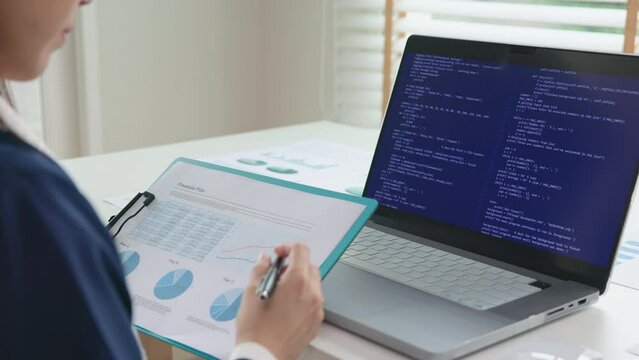 Smart AI cyber bot deep tech tools help write BI prompt code screen. Asia people asian IT woman typing busy work on predict big data mining center office reskill upskill STEM expert skill job course.