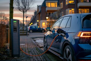 Obraz premium In the evening, a modern residential area is depicted with electric cars charging at a station, showcasing the embrace of sustainable technology and ecofriendly transportation options