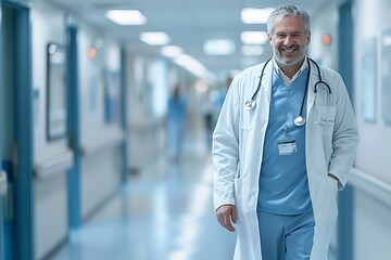 A smiling doctor in a white coat walks down a hospital corridor, wearing a stethoscope and blue scrubs