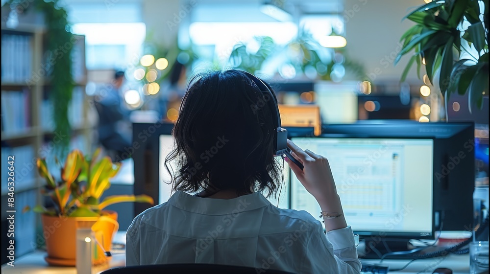 Poster a customer service representative answering a phone call, viewed from the back. the scene features a