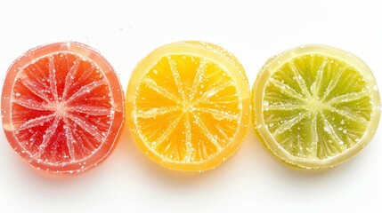 Top view of lemon-shaped jelly fruit snacks in assorted flavors, vibrant colors on an isolated white background, studio lighting highlighting details