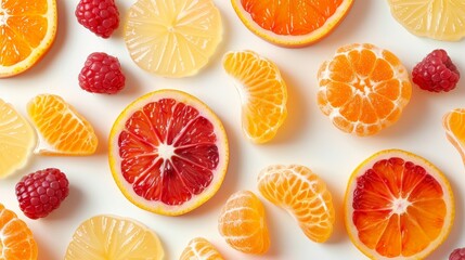 Top view of vibrant orange-shaped jellies and assorted fruit snack candies, isolated background...