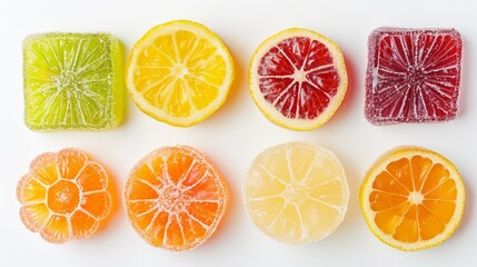 Obraz premium Top-down shot of assorted lemon-shaped jelly fruit snacks, vivid colors on a pristine white background, well-lit with studio lighting