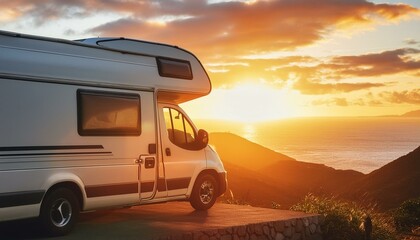 Fototapeta premium van life lifestyle travel. a van parked in the parking lot where you can admire the sunset