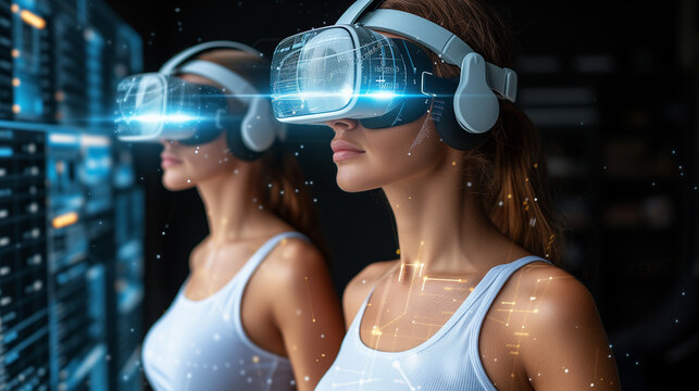Two Women Wearing VR Headsets Experience Immersive Technology