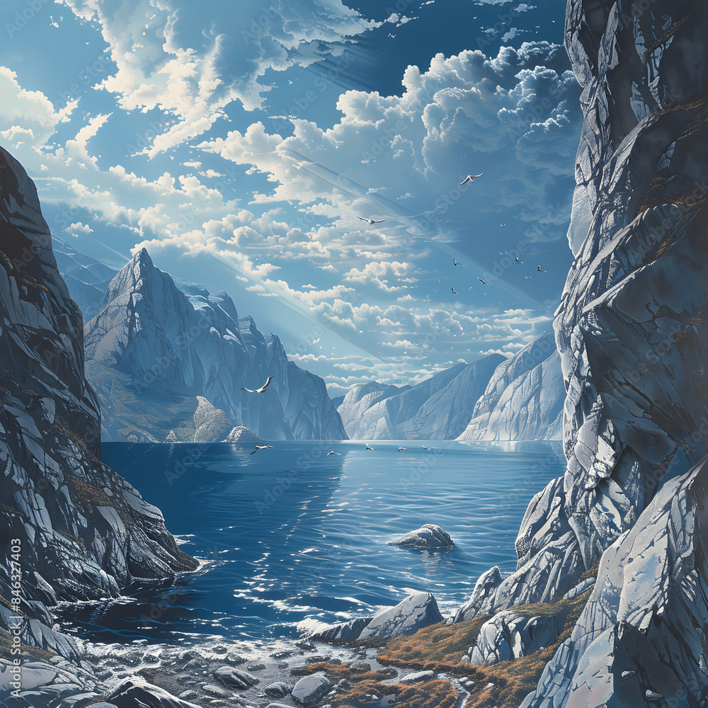 Wall mural winter lake with snowy mountains and icy landscape