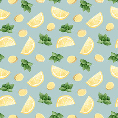 Organic lemonade mix with lemon, ginger slices and peppermint leaves watercolor seamless pattern on pastel blue. Hand drawn background with healthy herbs for summer beverage or herbal tea