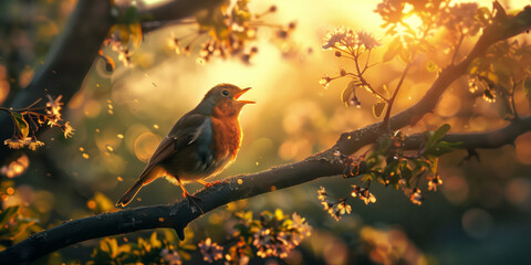A robin bird in a tree singing song at sunrise