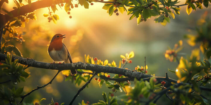 A robin bird in a tree singing song at sunrise