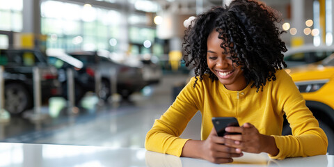 A smiling person using a smartphone to purchase a car