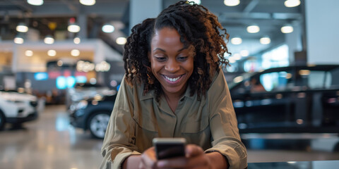 A smiling person using a smartphone to purchase a car