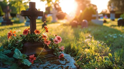 Cross in the cemetery. Grave. Monument made of stone. Funeral. Funeral services. Funeral decoration and organization services. Burial