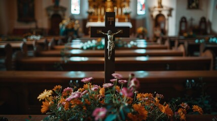 Decoration of the ritual hall in the church for funeral. Funeral. Funeral services. Funeral decoration and organization services. Burial