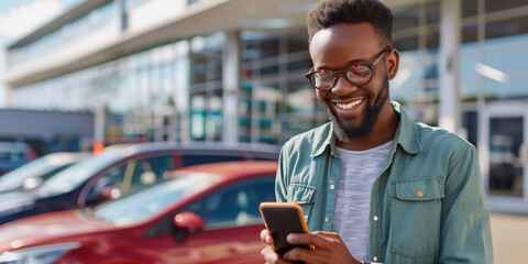 A smiling person using a smartphone to purchase a car