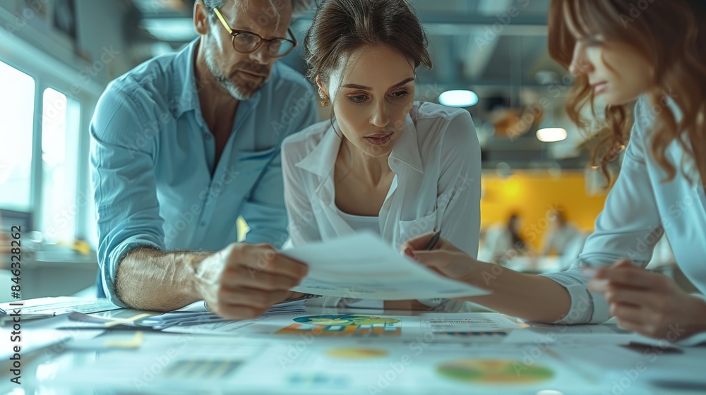 Poster Professionals working together on documents in a bright shared office space, dynamic interaction and cooperation. Generative AI.