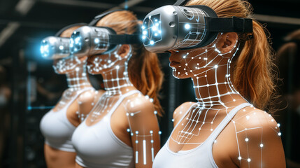 Women Wearing Virtual Reality Headsets in a Fitness Setting