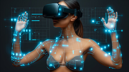 Woman Experiencing Virtual Reality With Digital Body Overlay