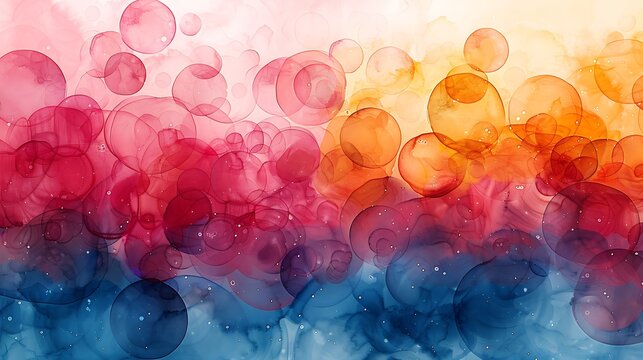 Randomly placed circles with watercolor fill effect, vibrant and dynamic colors, hd quality, soft edges, digital art, artistic feel, modern design, fluid and organic, lively and playful composition.