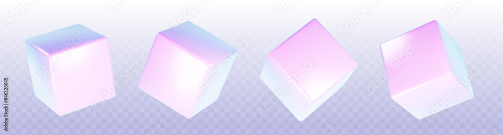 Poster 3d holographic cube render element. abstract box shape. hologram geometric figure isometric set. iri
