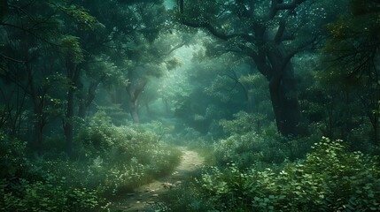 Enchanted Forest Pathway Inviting into a Lush Mysterious Wilderness
