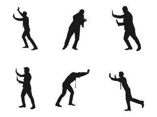 Businessman Pushing Invisible Wall silhouettes vector.  Wall push for more success, career growth and problem solution. Isometric Businessman Pushing Wall concept. Isolated on white background.