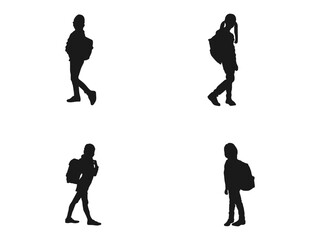 Group of children carrying school bags going to school silhouette.  Back to school concept. Kids running to school with bags silhouette vector. Vector illustration on white background.