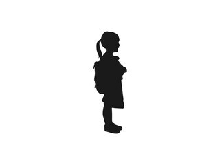 Little girl with school bag silhouettes vector.  Silhouette girl school bag knowledge day.  Kids running to school with bags silhouette vector.  Vector illustration on white background.