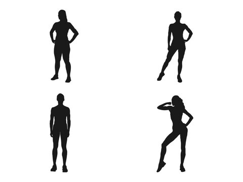 athletic woman standing silhouette vector. Set or collection of various women sports exercising. Girl is standing there and moving hands. down, up, to the side, hands. Isolated on white background.