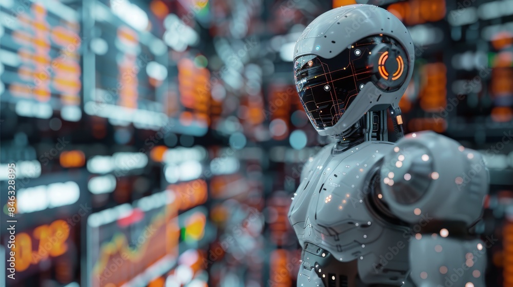 Leinwandbilder Trading robot standing and analyzing the crypto trading graph, symbolizing the graph growth up and artificial intelligence for stock market analysis. Generative AI.