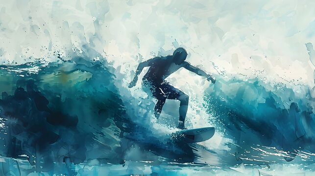 Serene Surfing Moment Captured in Dynamic Watercolor Painting