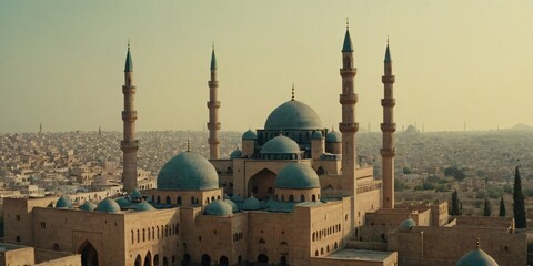 Watercolor painting of an ancient cityscape with prominent mosques and minarets.