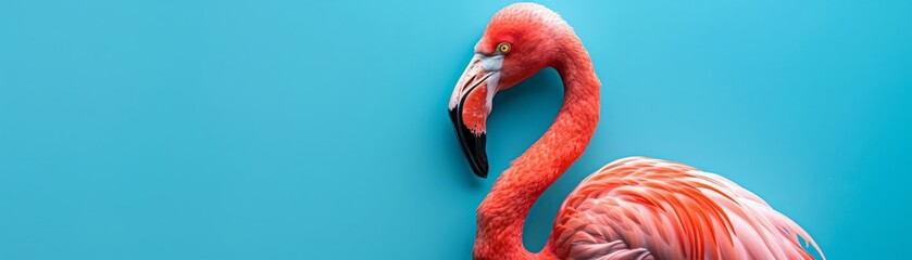 Fototapeta premium A pink flamingo stands out against a blue background.