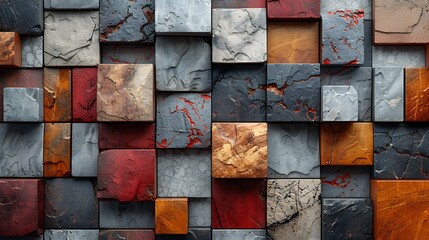 Squares with marble textures, wood grains, and metallic surfaces, arranged in a geometric pattern, hd quality, digital rendering, high contrast, elegant and sophisticated, modern design.
