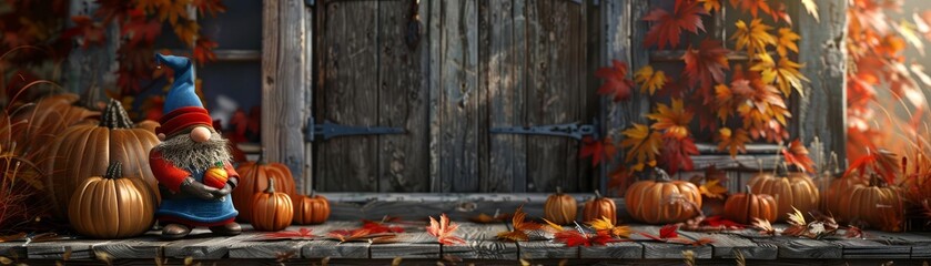 A digital of a Fall gnome decor from a rear perspective, emphasizing seasonal accents with a rustic charm in a photorealistic approach