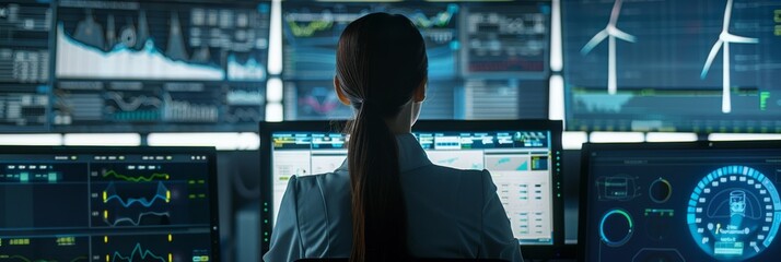 A woman is overseeing operations at a Control Center for Renewable Energy. The hightech environment includes technology such as wind turbines, screens displaying data, and advanced analytics systems