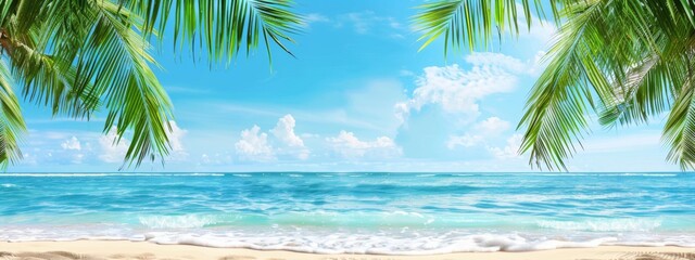 Fototapeta premium Serene tropical beach scene with palm leaves against white background. Relaxing summer vacation, retirement lifestyle, positive attitude, travel and tourism concept.